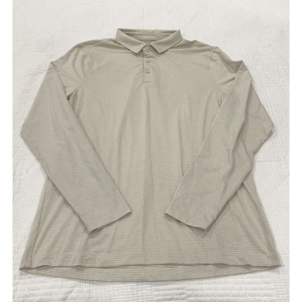 Lululemon Polo Shirt Mens Large Beige Striped Evolution Long Sleeve Athleisure